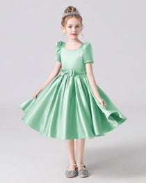 Dideyttawl Satin Flower Girl Dress with Short Puff Sleeves and Bow