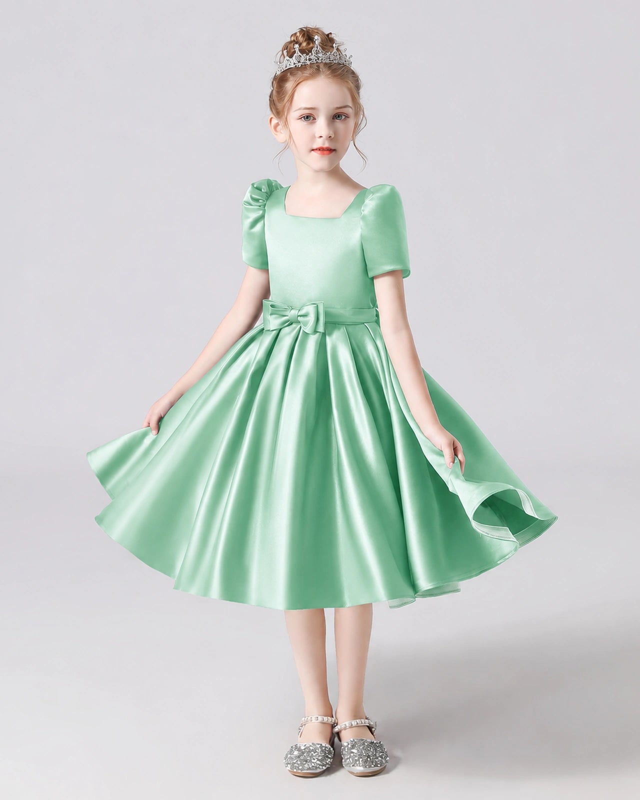 Dideyttawl Satin Flower Girl Dress with Short Puff Sleeves and Bow