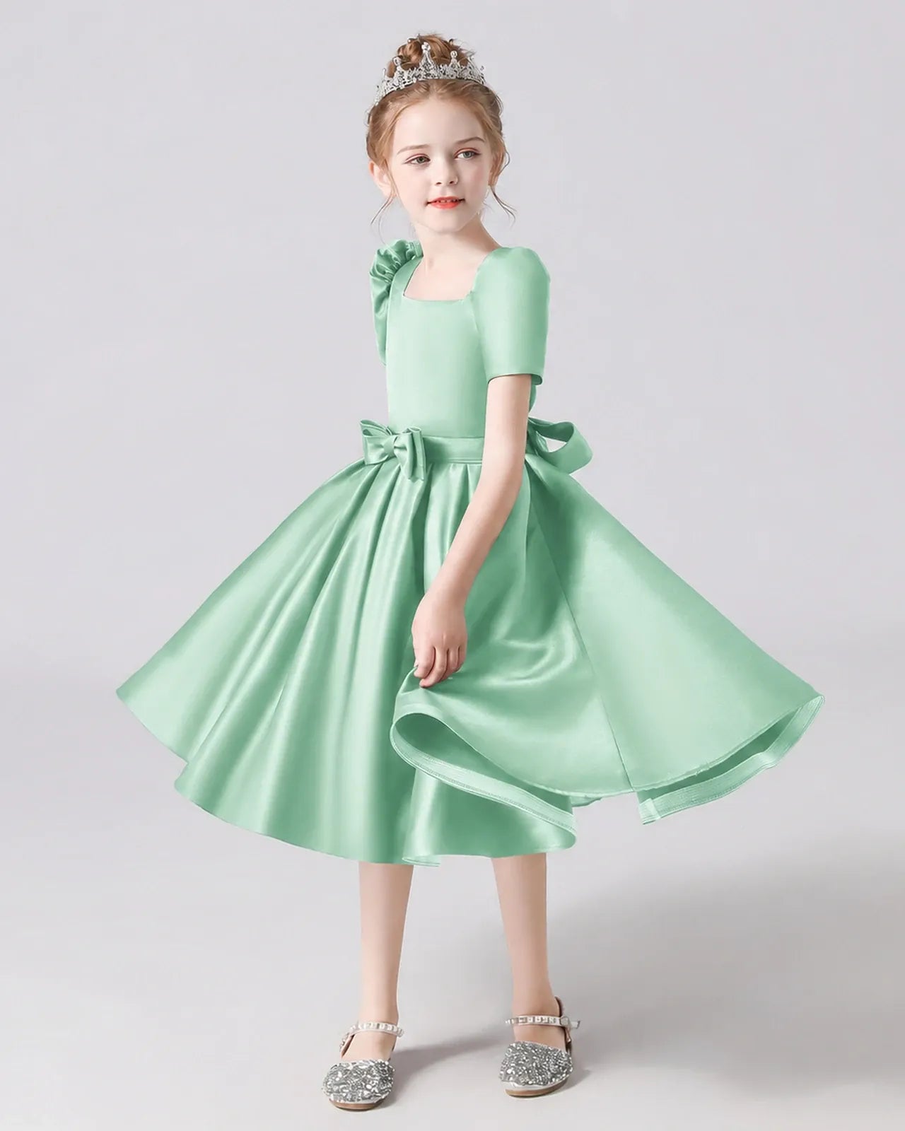 Mint Green Satin A-line Flower Girl Dress Front View