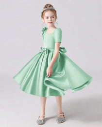 Dideyttawl Satin Flower Girl Dress with Short Puff Sleeves and Bow