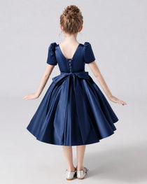 Dideyttawl Satin Flower Girl Dress with Short Puff Sleeves and Bow