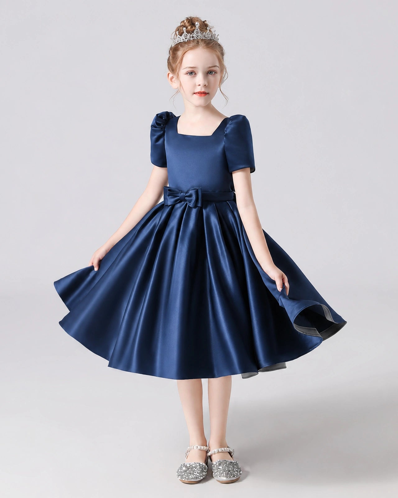 Dideyttawl Satin Flower Girl Dress with Short Puff Sleeves and Bow