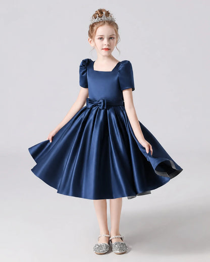 Navy Blue Satin A-line Flower Girl Dress Front View