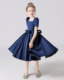 Dideyttawl Satin Flower Girl Dress with Short Puff Sleeves and Bow