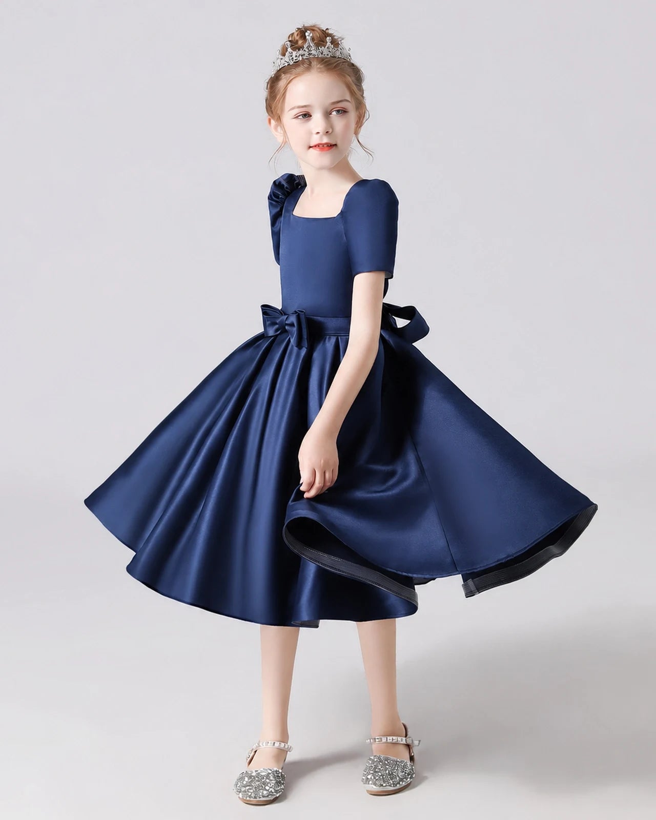 Dideyttawl Satin Flower Girl Dress with Short Puff Sleeves and Bow