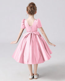 Dideyttawl Satin Flower Girl Dress with Short Puff Sleeves and Bow