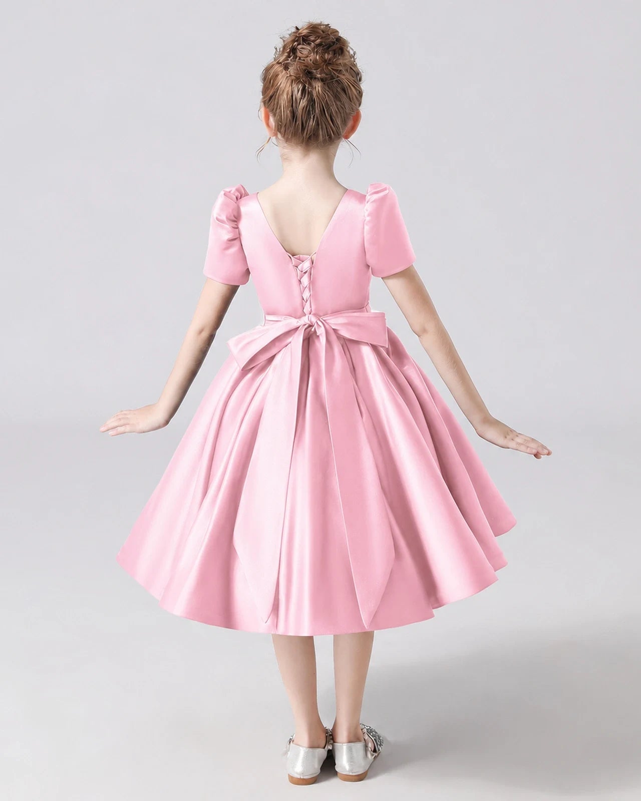 Dideyttawl Satin Flower Girl Dress with Short Puff Sleeves and Bow