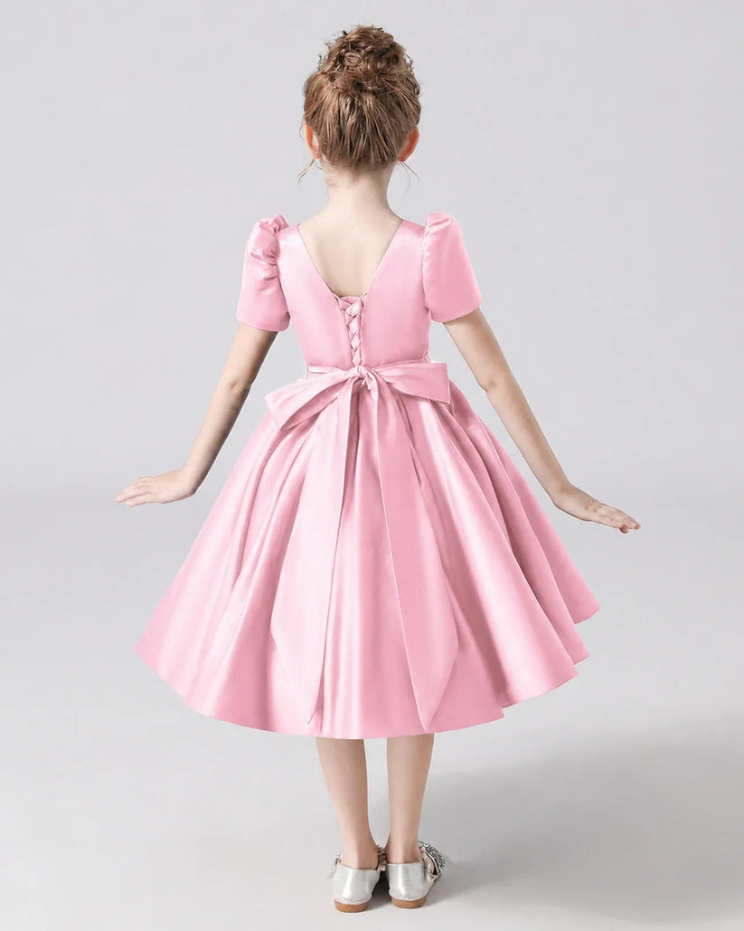 Pink Satin A-line Flower Girl Dress Back View