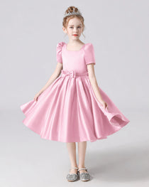 Dideyttawl Satin Flower Girl Dress with Short Puff Sleeves and Bow