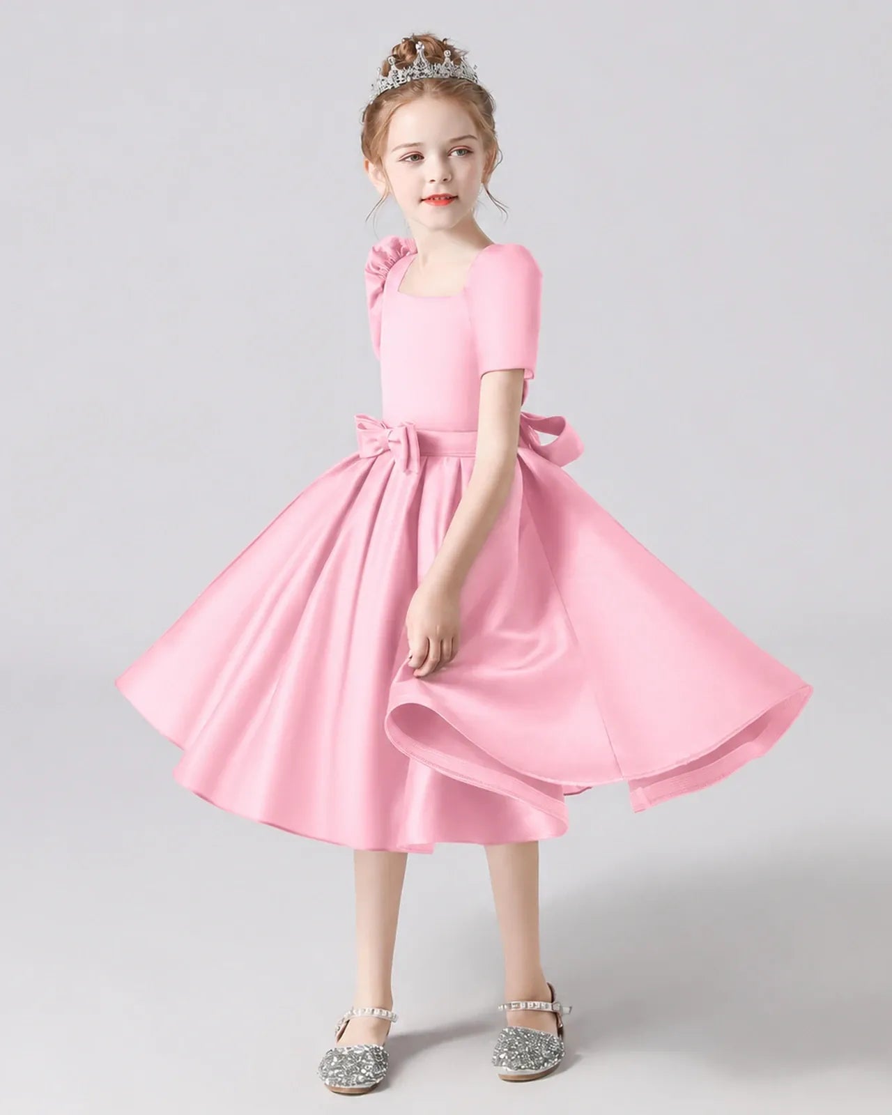Pink Satin A-line Flower Girl Dress Front View