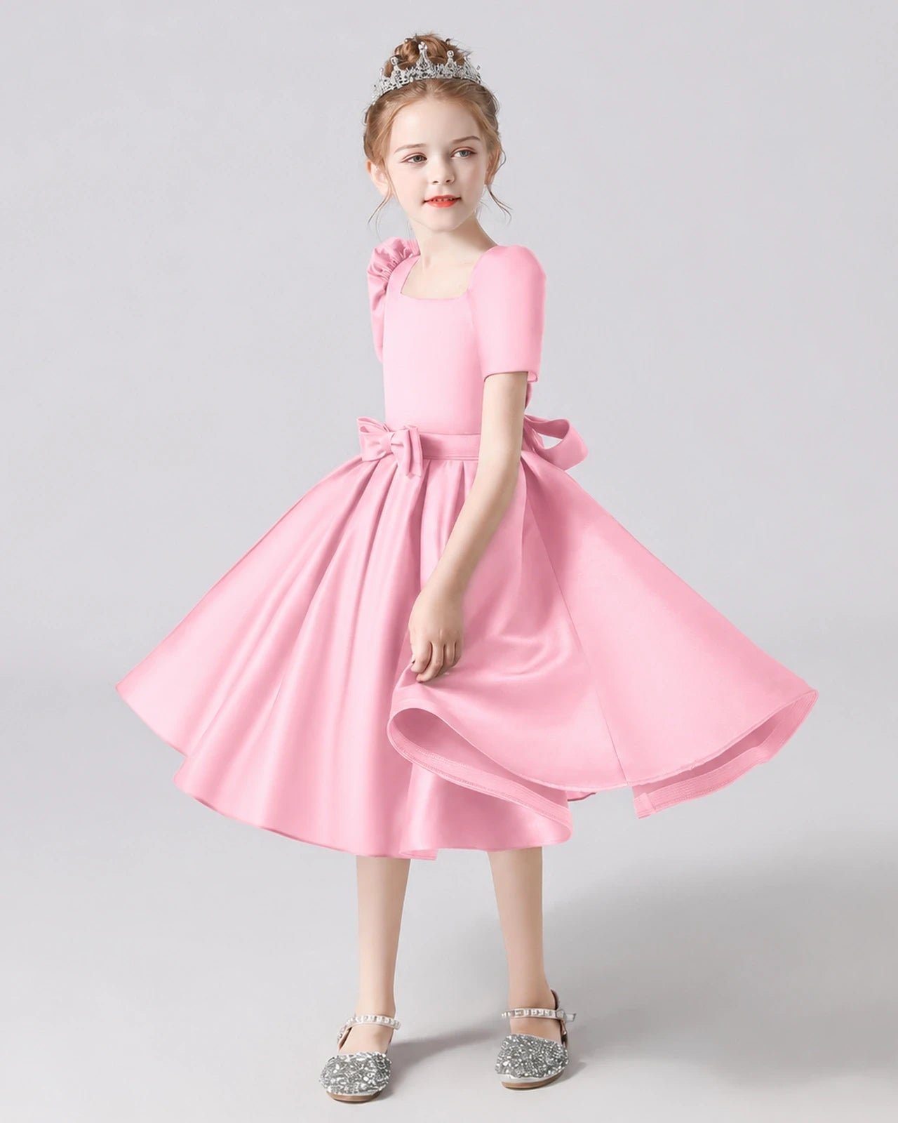 Dideyttawl Satin Flower Girl Dress with Short Puff Sleeves and Bow
