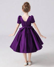 Dideyttawl Satin Flower Girl Dress with Short Puff Sleeves and Bow
