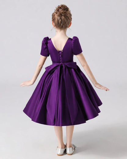 Purple Satin A-line Flower Girl Dress Back View