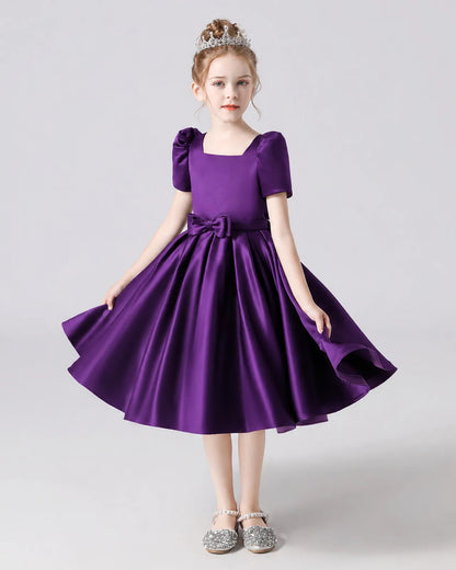 Purple Satin A-line Flower Girl Dress Front View