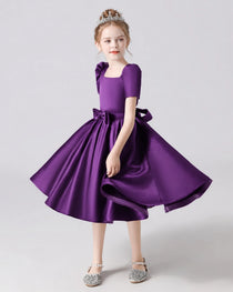 Dideyttawl Satin Flower Girl Dress with Short Puff Sleeves and Bow
