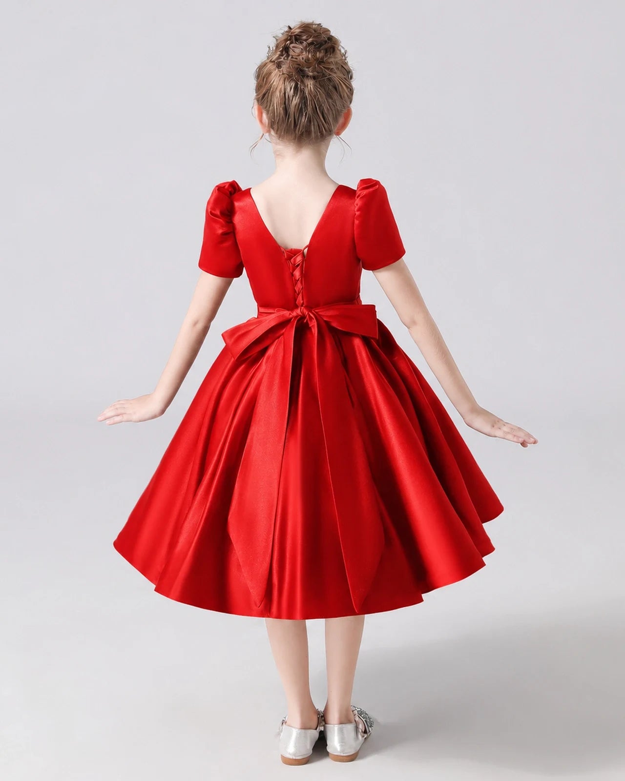 Dideyttawl Satin Flower Girl Dress with Short Puff Sleeves and Bow