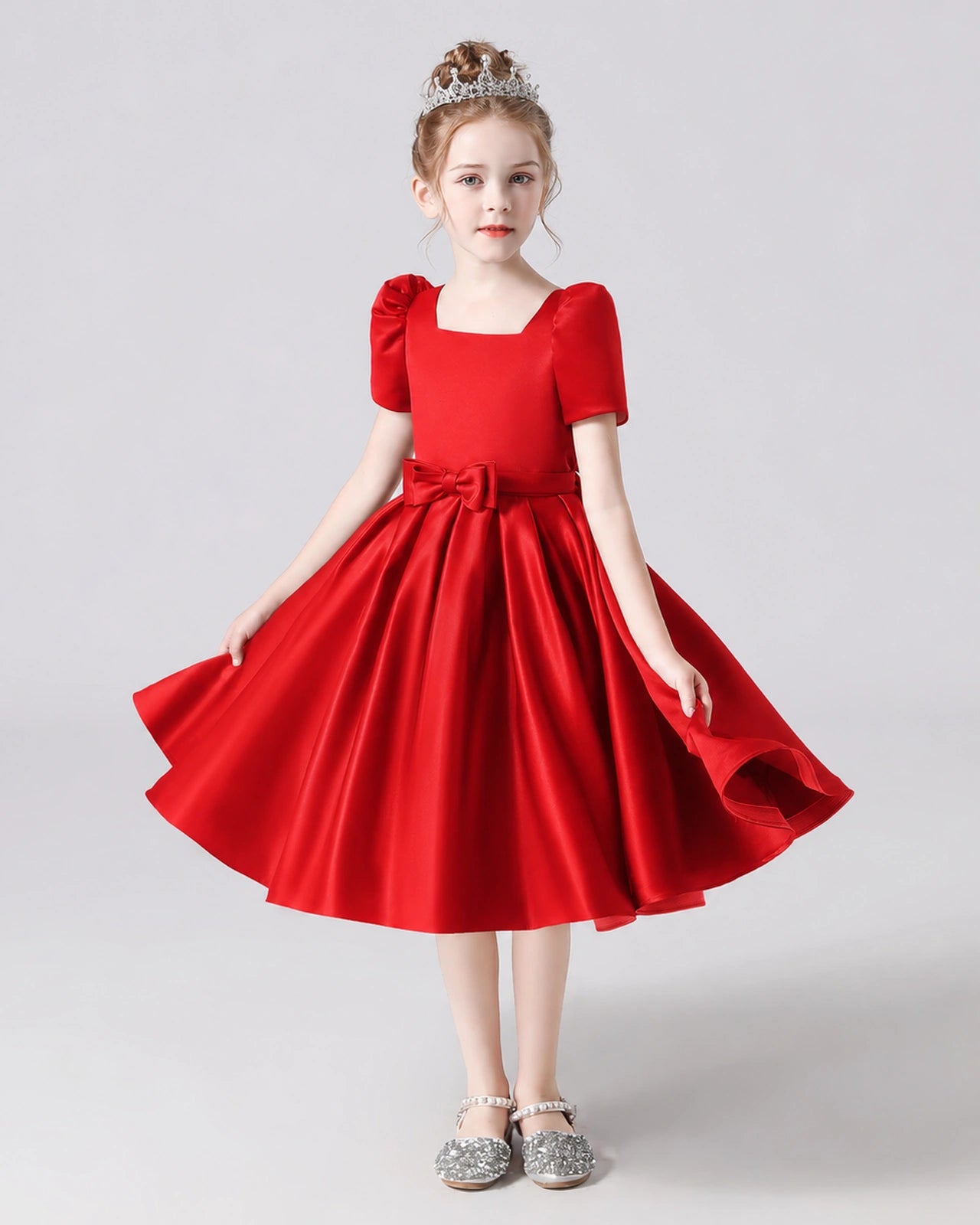 Dideyttawl Satin Flower Girl Dress with Short Puff Sleeves and Bow