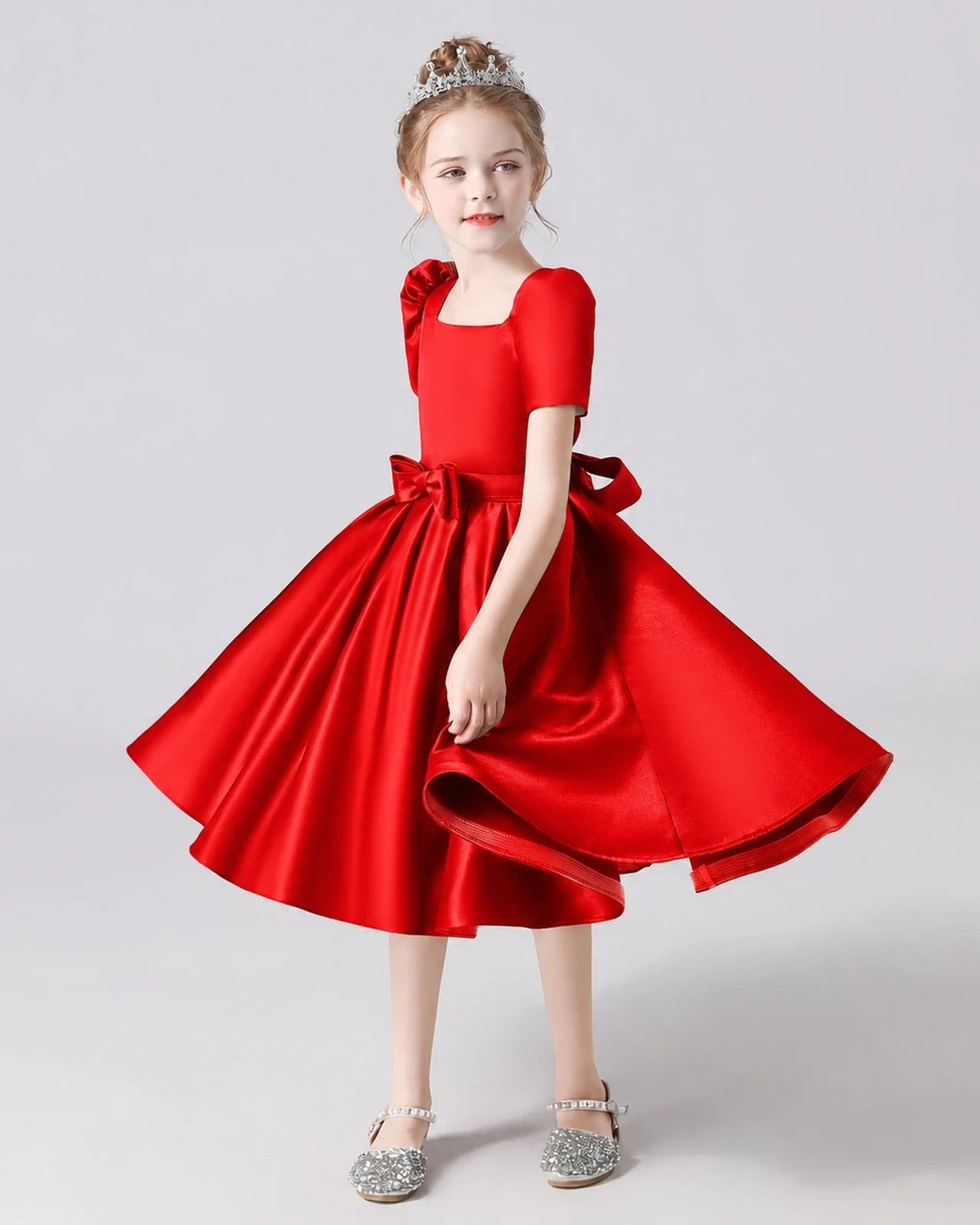 Dideyttawl Satin Flower Girl Dress with Short Puff Sleeves and Bow