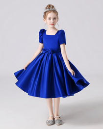 Dideyttawl Satin Flower Girl Dress with Short Puff Sleeves and Bow