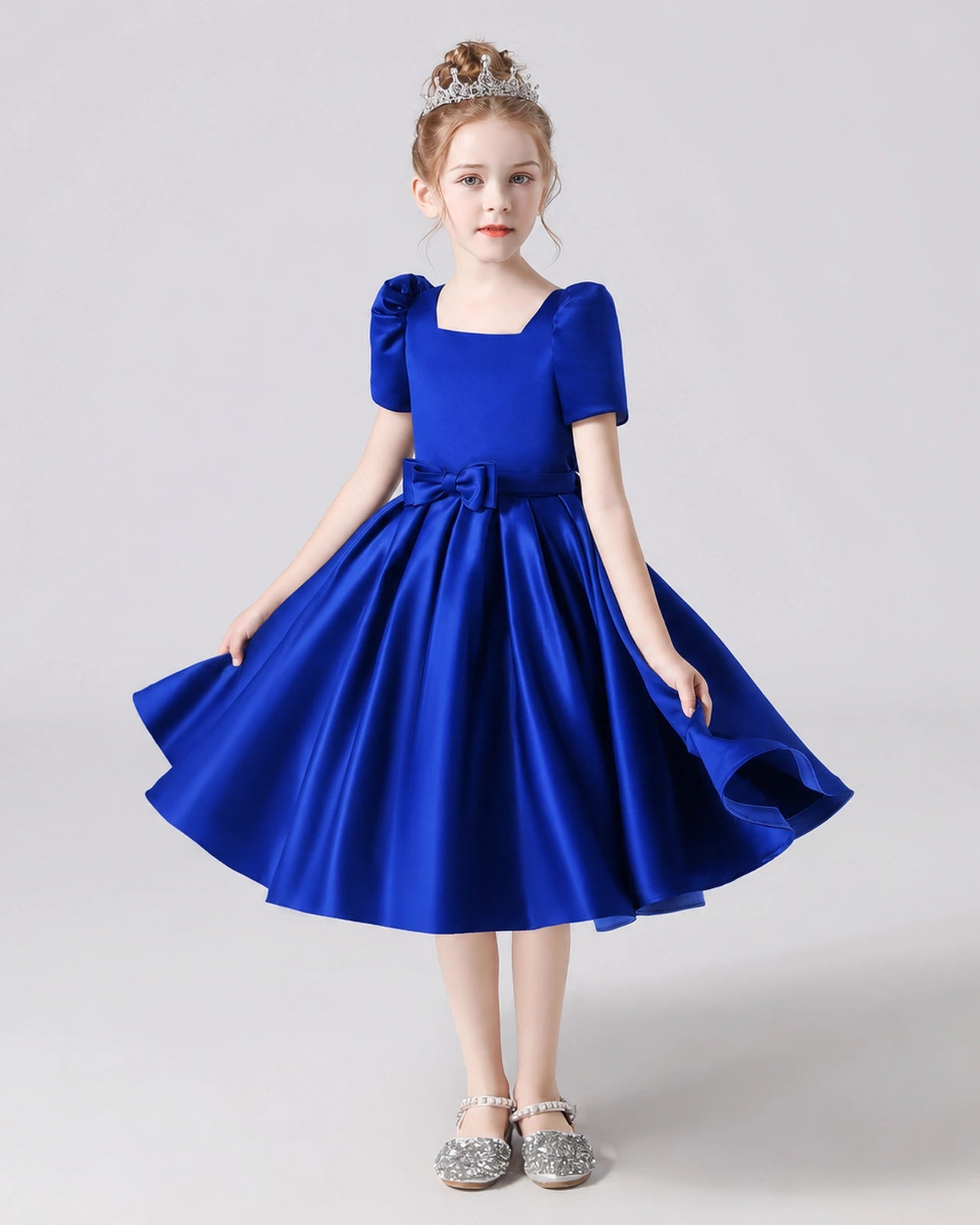 Dideyttawl Satin Flower Girl Dress with Short Puff Sleeves and Bow