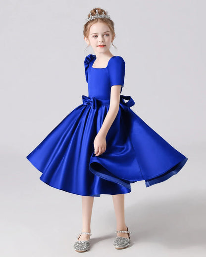 Royal Blue Satin A-line Flower Girl Dress Front View