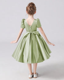 Dideyttawl Satin Flower Girl Dress with Short Puff Sleeves and Bow