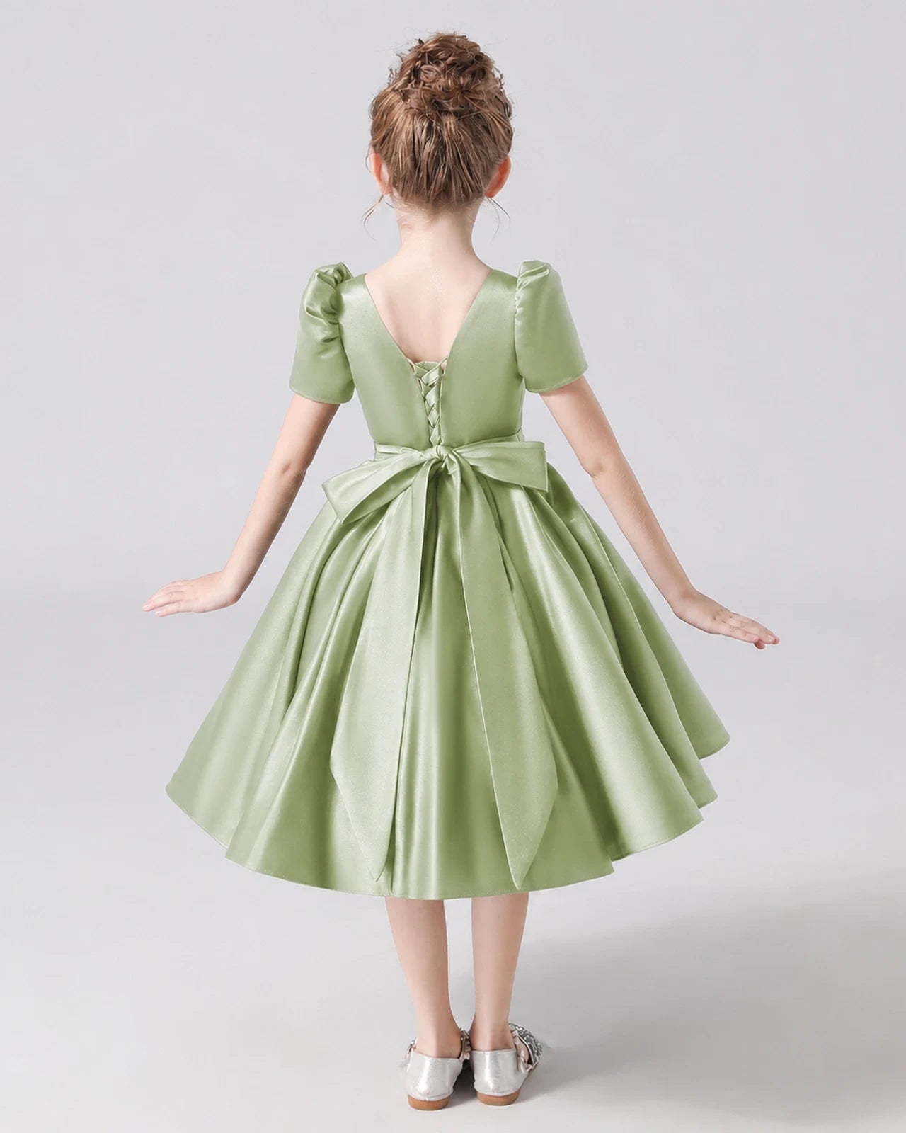 Dideyttawl Satin Flower Girl Dress with Short Puff Sleeves and Bow