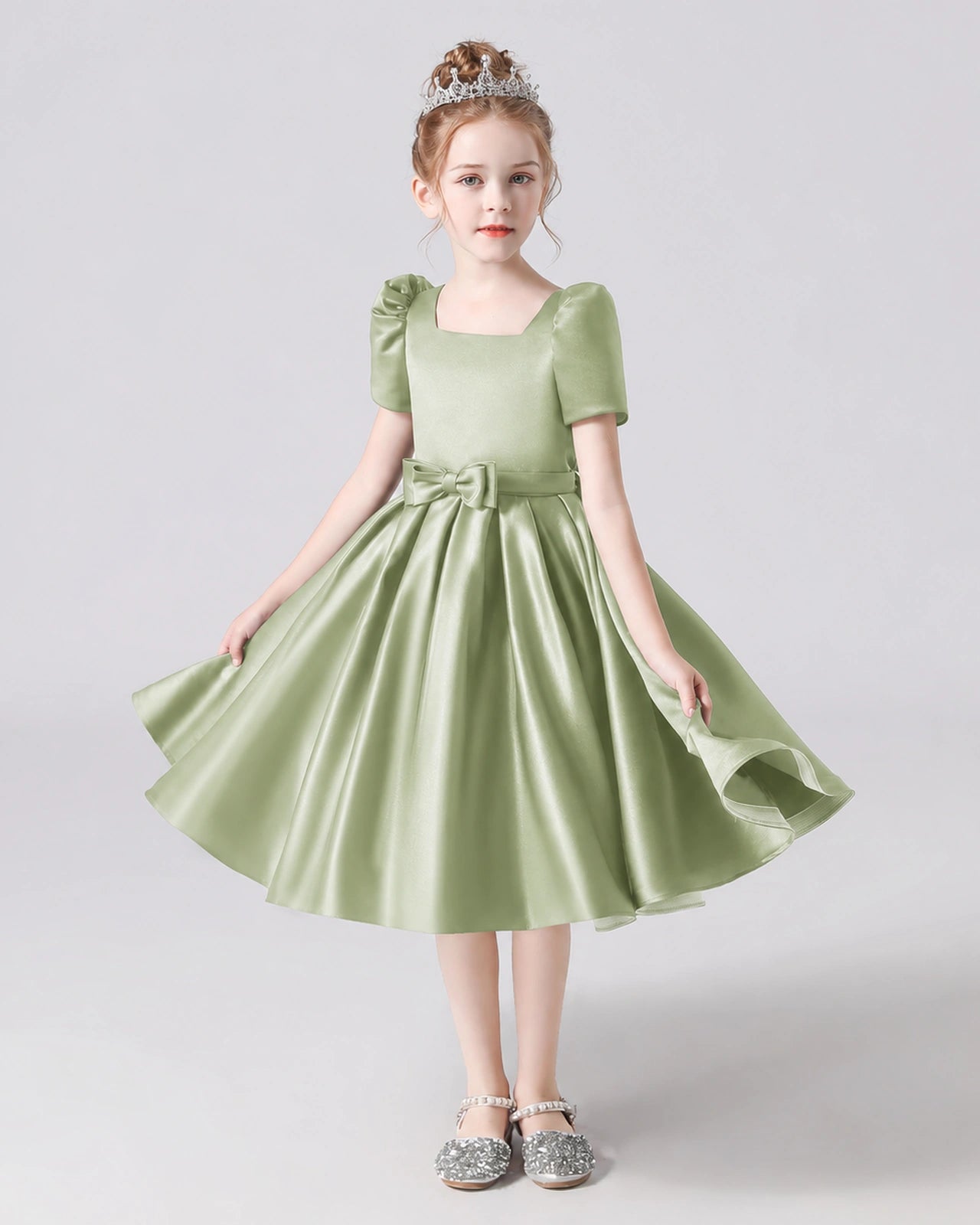 Dideyttawl Satin Flower Girl Dress with Short Puff Sleeves and Bow