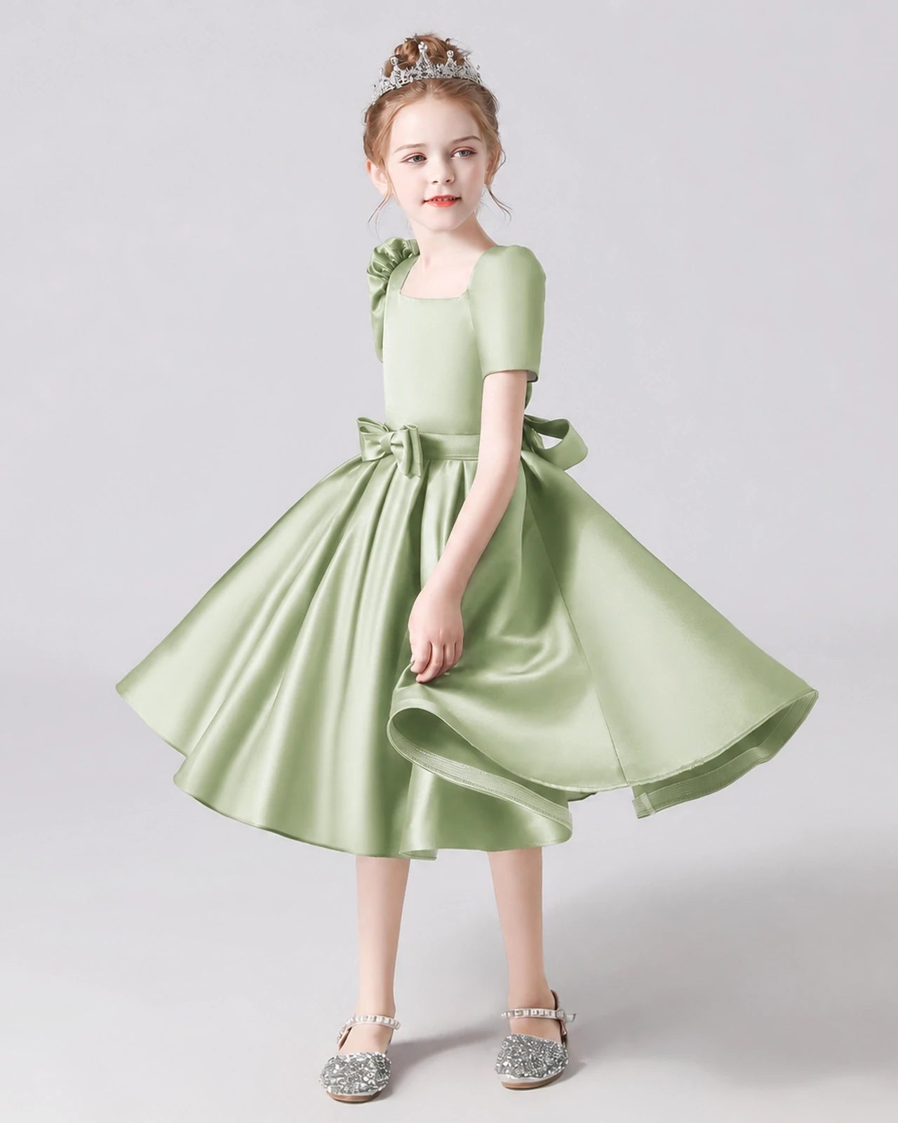 Dideyttawl Satin Flower Girl Dress with Short Puff Sleeves and Bow