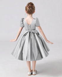 Dideyttawl Satin Flower Girl Dress with Short Puff Sleeves and Bow
