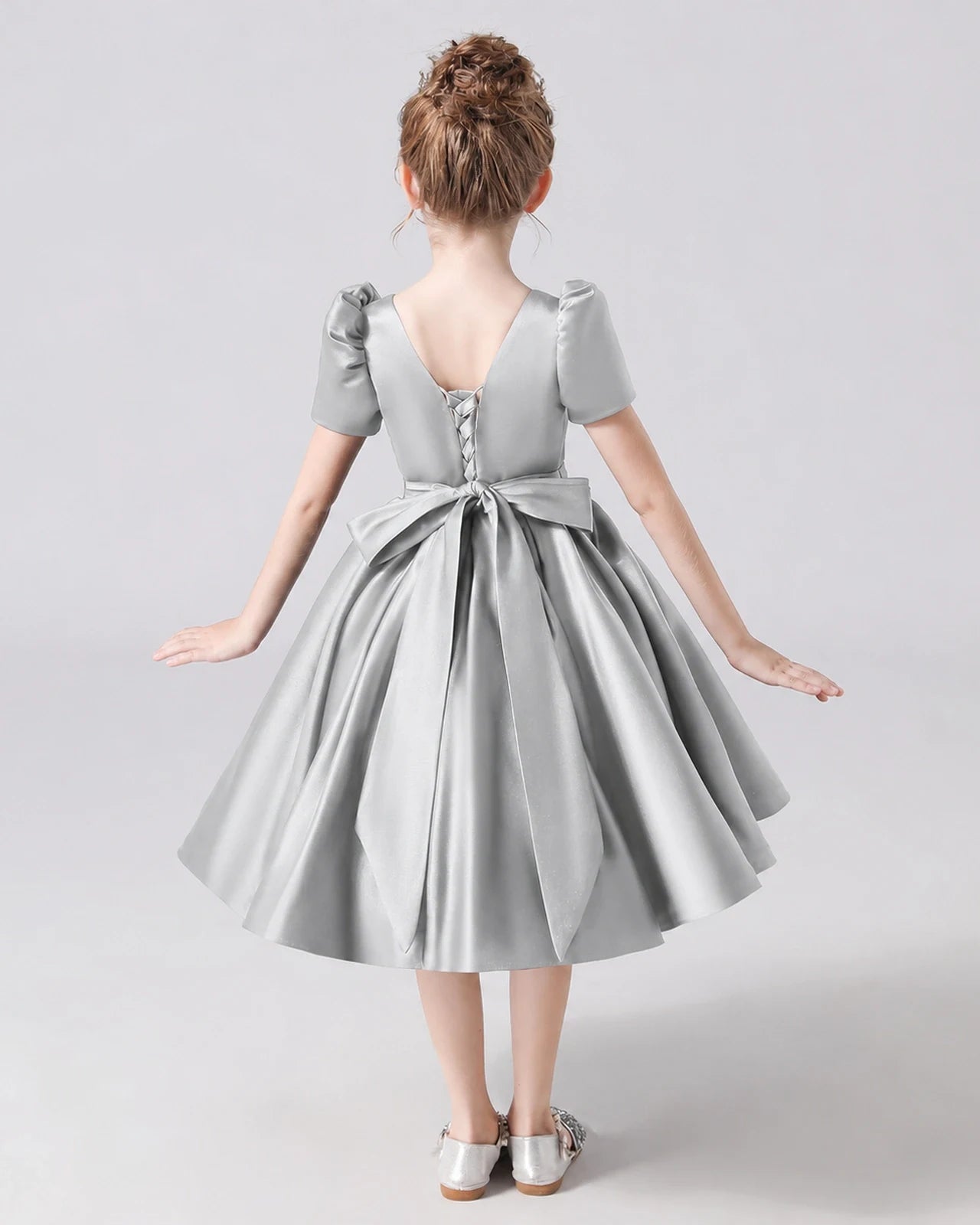 Dideyttawl Satin Flower Girl Dress with Short Puff Sleeves and Bow