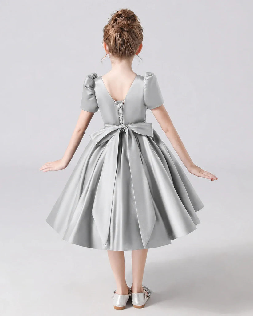Silver Satin A-line Flower Girl Dress Back View