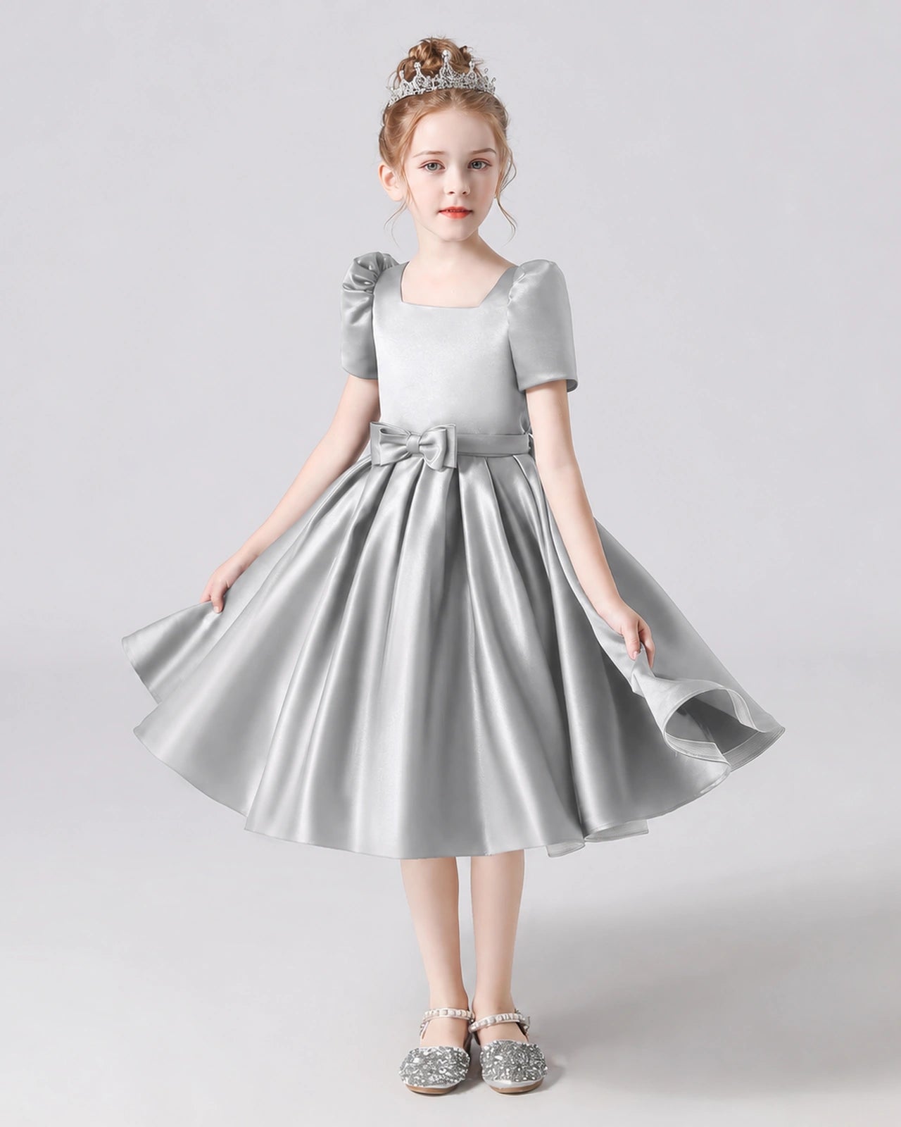 Dideyttawl Satin Flower Girl Dress with Short Puff Sleeves and Bow