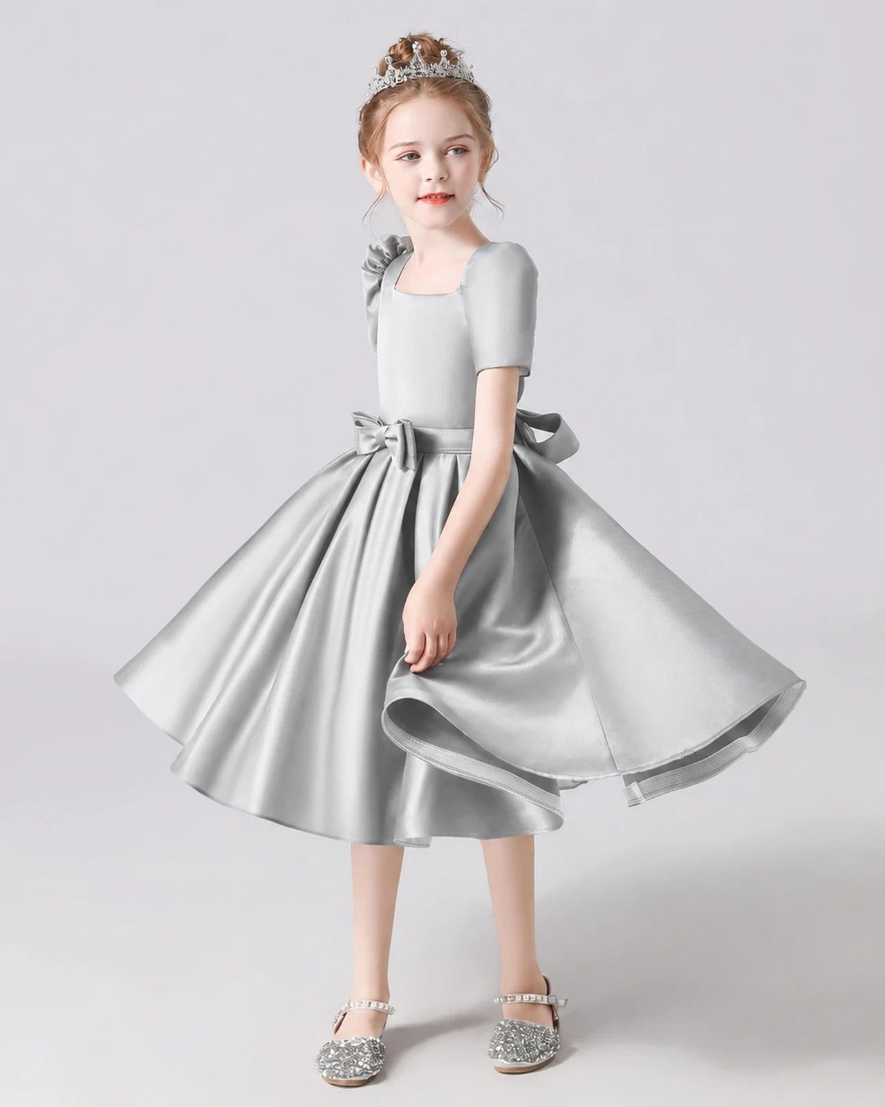 Dideyttawl Satin Flower Girl Dress with Short Puff Sleeves and Bow