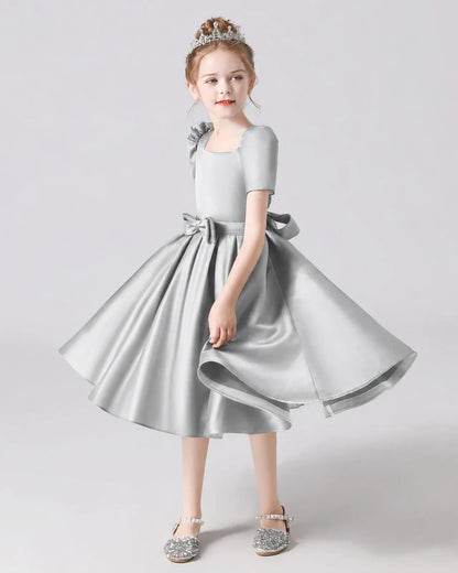 Silver Satin A-line Flower Girl Dress Front View