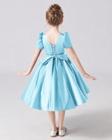 Sky Blue Satin A-line Flower Girl Dress Back View