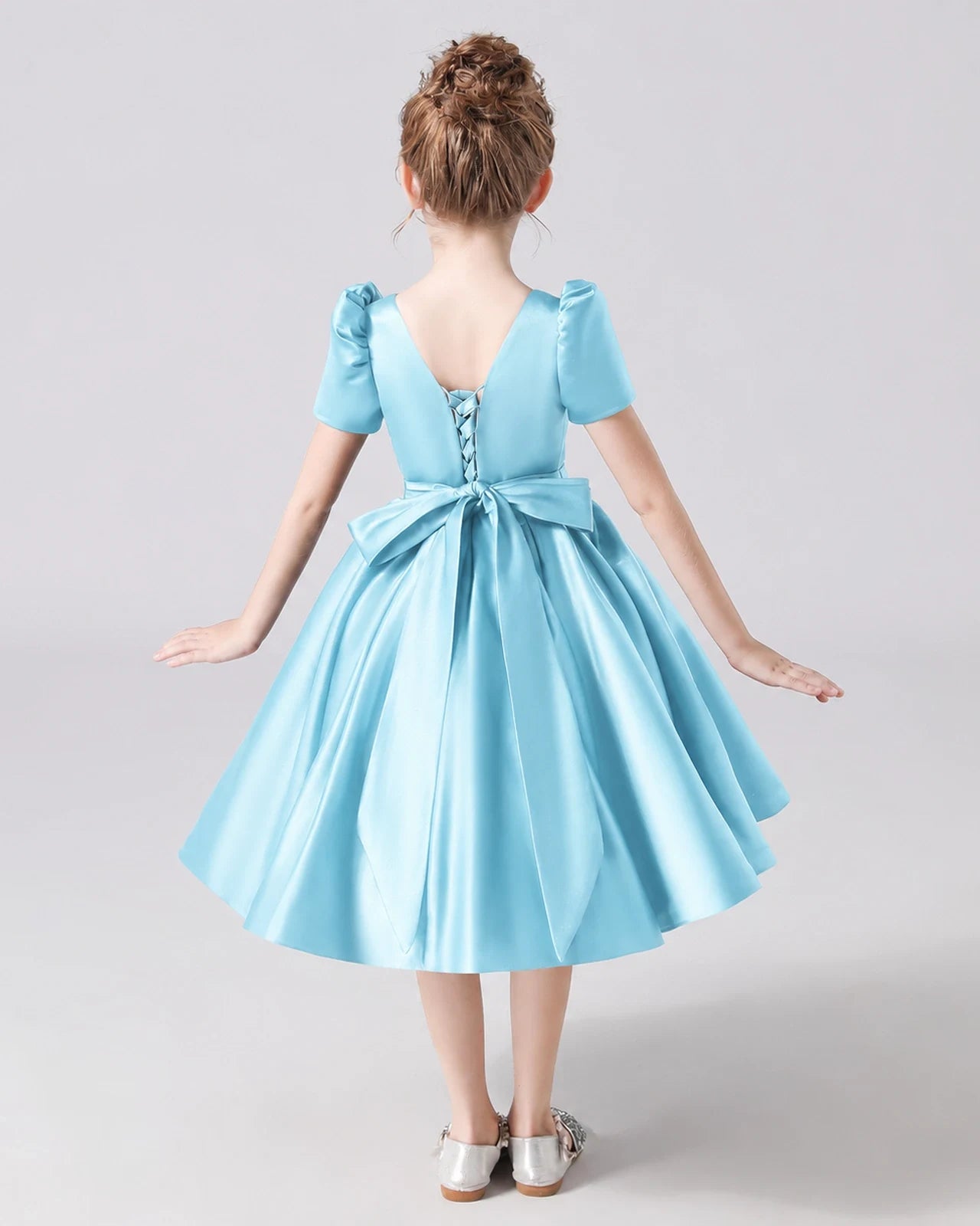 Dideyttawl Satin Flower Girl Dress with Short Puff Sleeves and Bow