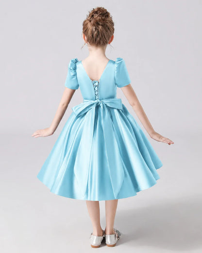 Sky Blue Satin A-line Flower Girl Dress Back View