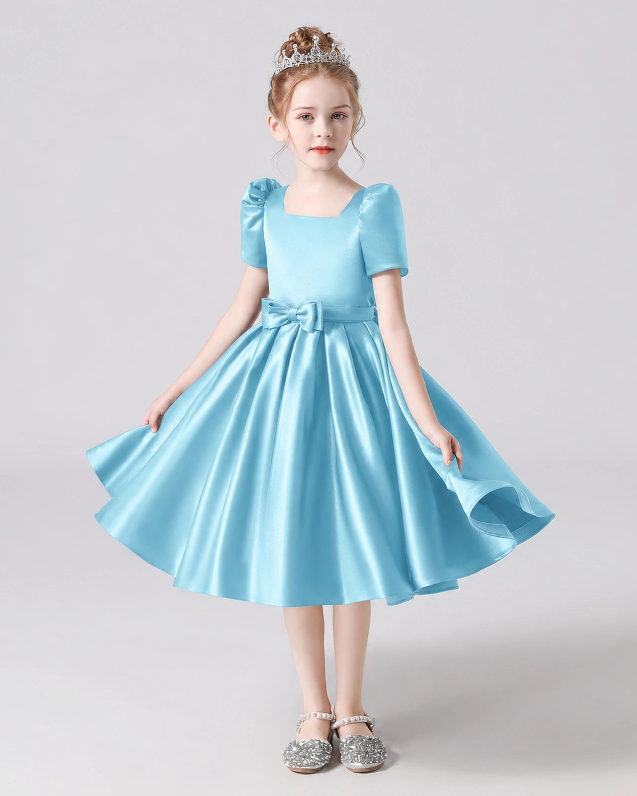 Dideyttawl Satin Flower Girl Dress with Short Puff Sleeves and Bow