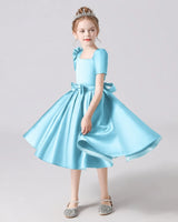 Sky Blue Satin A-line Flower Girl Dress Front View