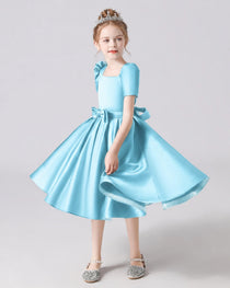 Dideyttawl Satin Flower Girl Dress with Short Puff Sleeves and Bow