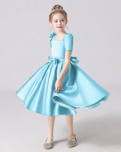 Sky Blue Satin A-line Flower Girl Dress Front View
