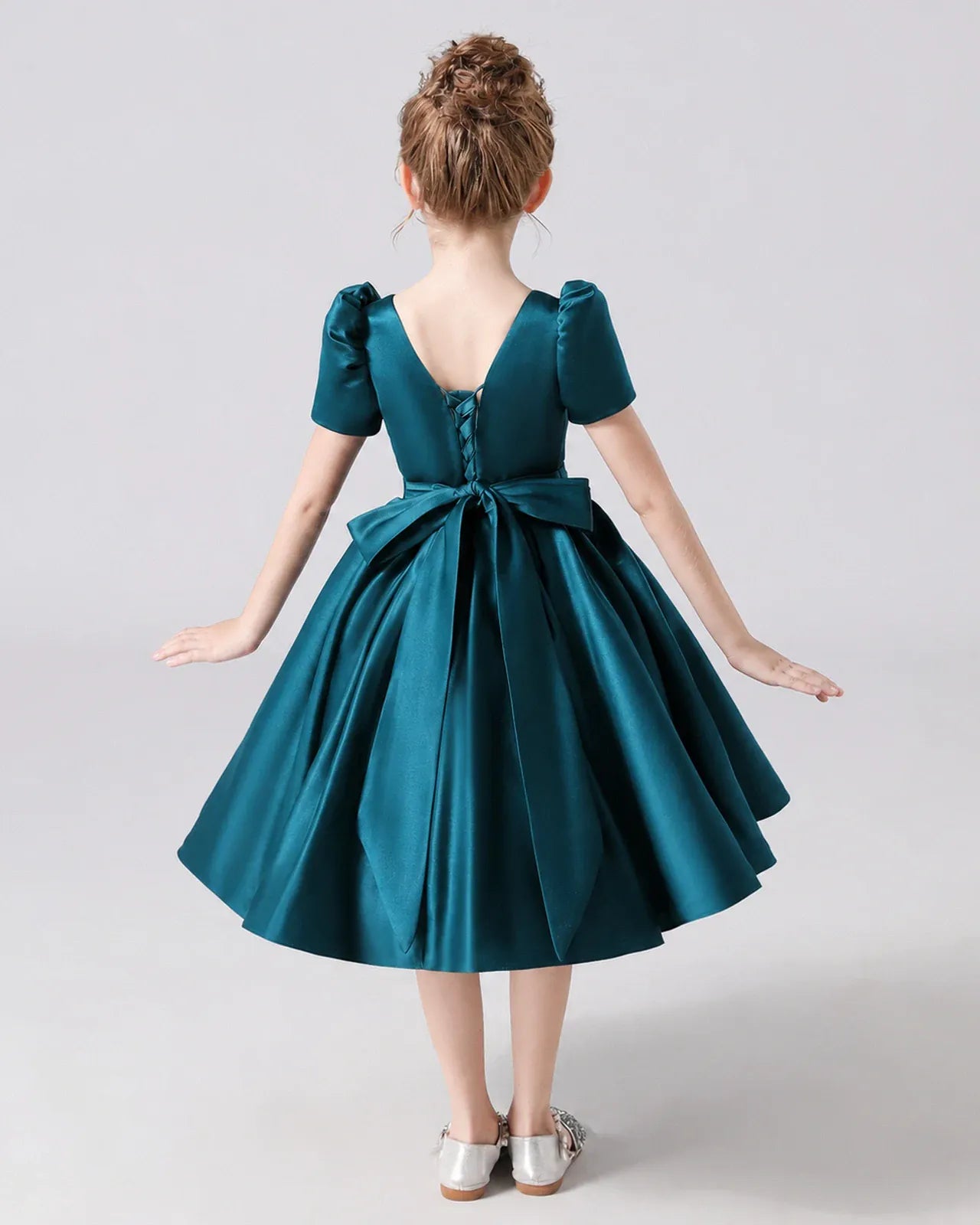 Teal Satin A-line Flower Girl Dress Back View