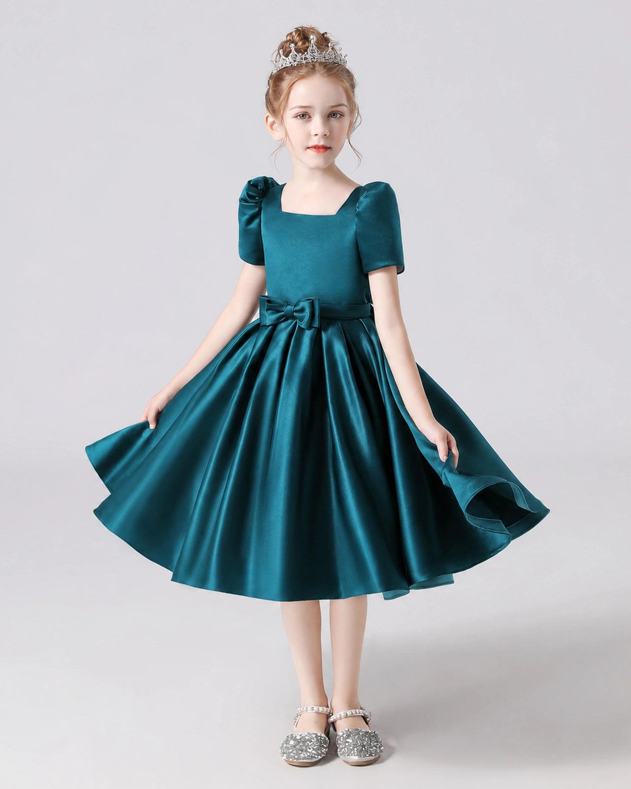 Dideyttawl Satin Flower Girl Dress with Short Puff Sleeves and Bow