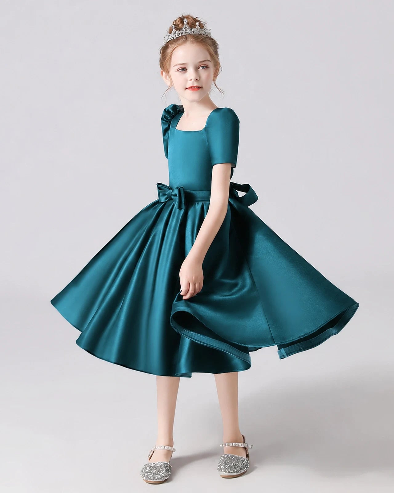 Dideyttawl Satin Flower Girl Dress with Short Puff Sleeves and Bow