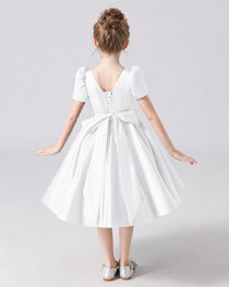 Dideyttawl Satin Flower Girl Dress with Short Puff Sleeves and Bow