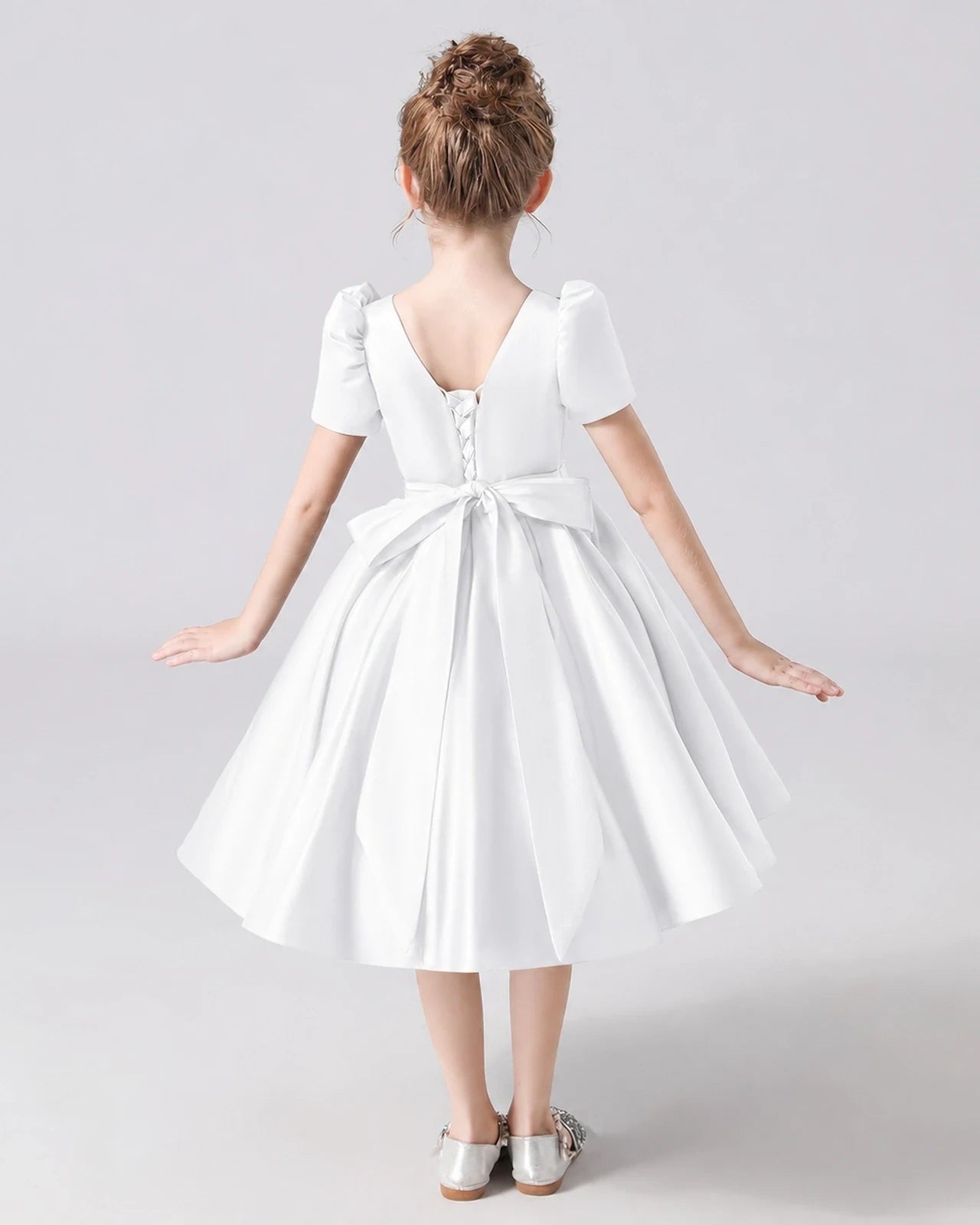 Dideyttawl Satin Flower Girl Dress with Short Puff Sleeves and Bow