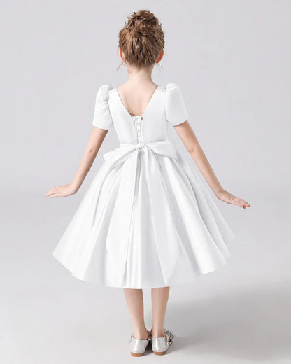 White Satin A-line Flower Girl Dress Back View