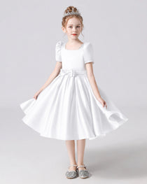 Dideyttawl Satin Flower Girl Dress with Short Puff Sleeves and Bow