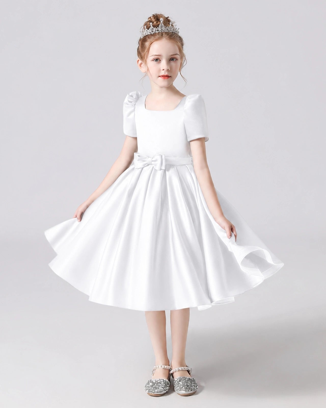 Dideyttawl Satin Flower Girl Dress with Short Puff Sleeves and Bow